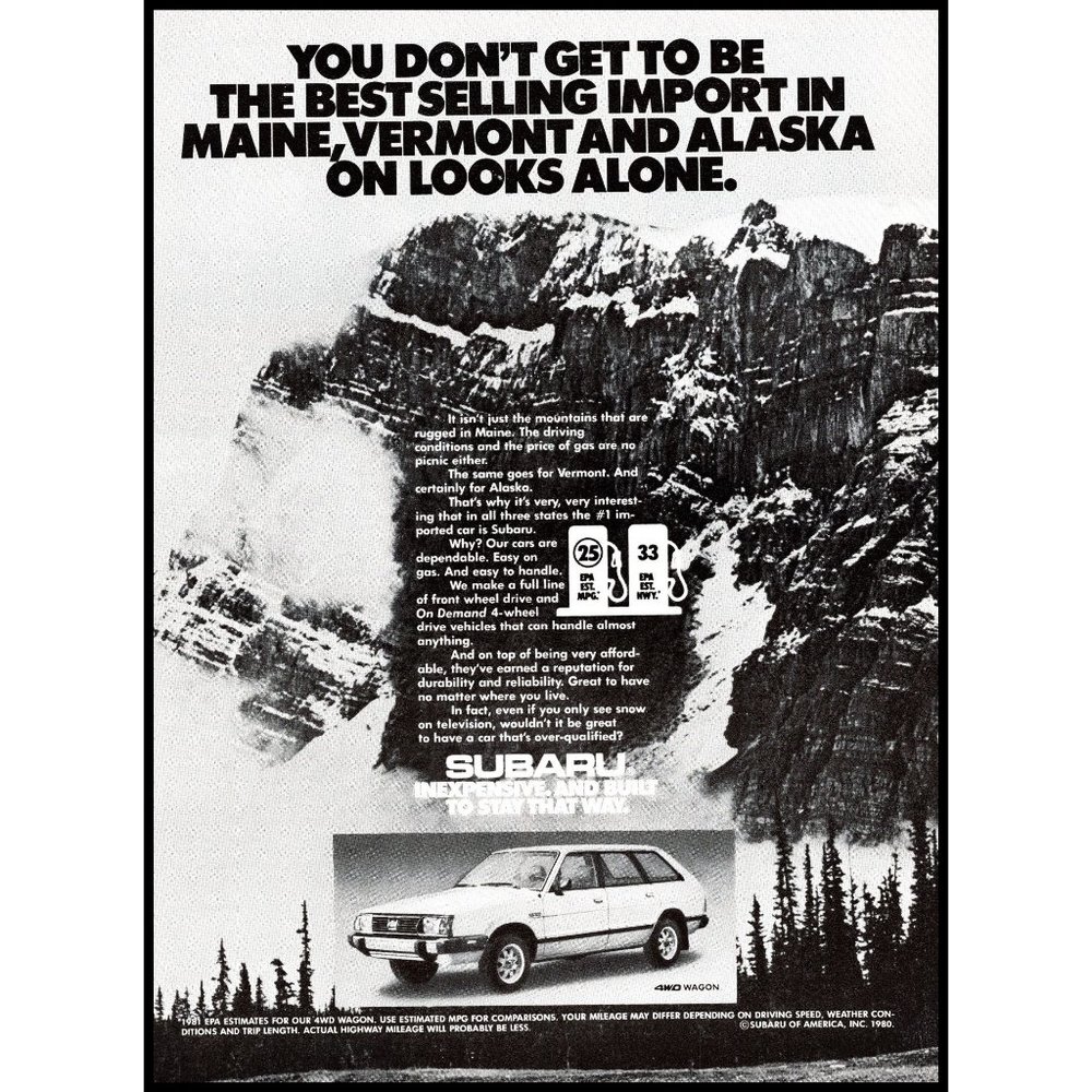1981 Subaru 4wd Wagon Vintage Print Ad Snow Rocky Mountains Alaska Maine Vermont